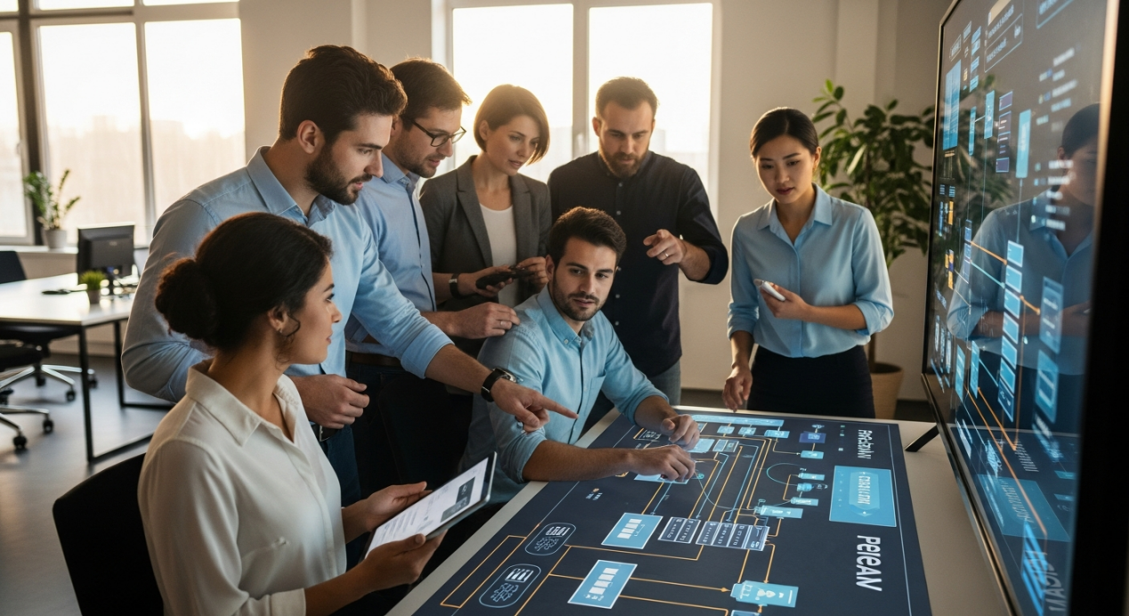 Business and technology teams collaborating on digital transformation strategy in modern office